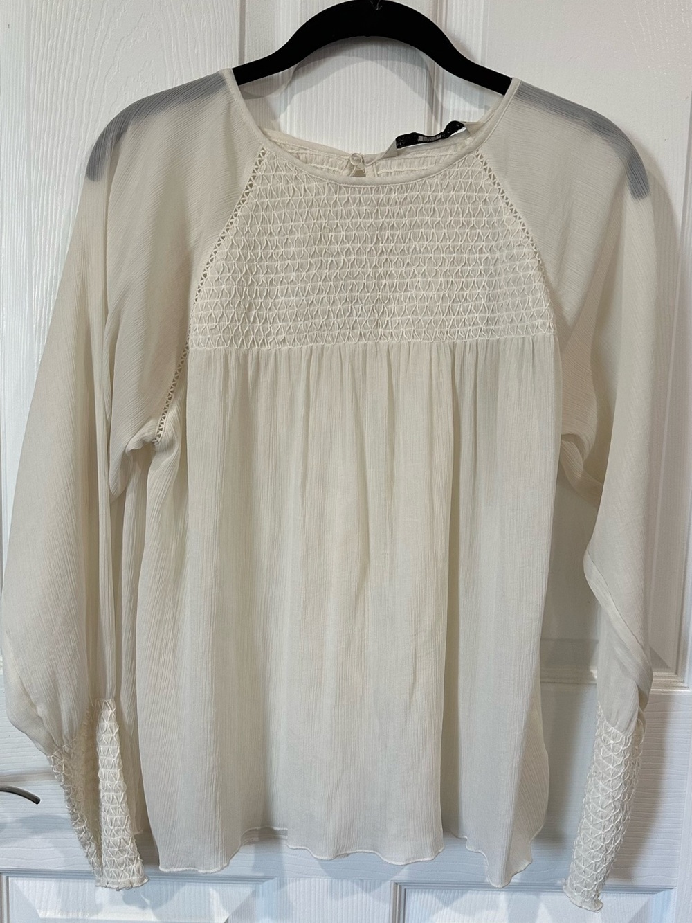 Zara Cream Smocked Yoke Peasant Top